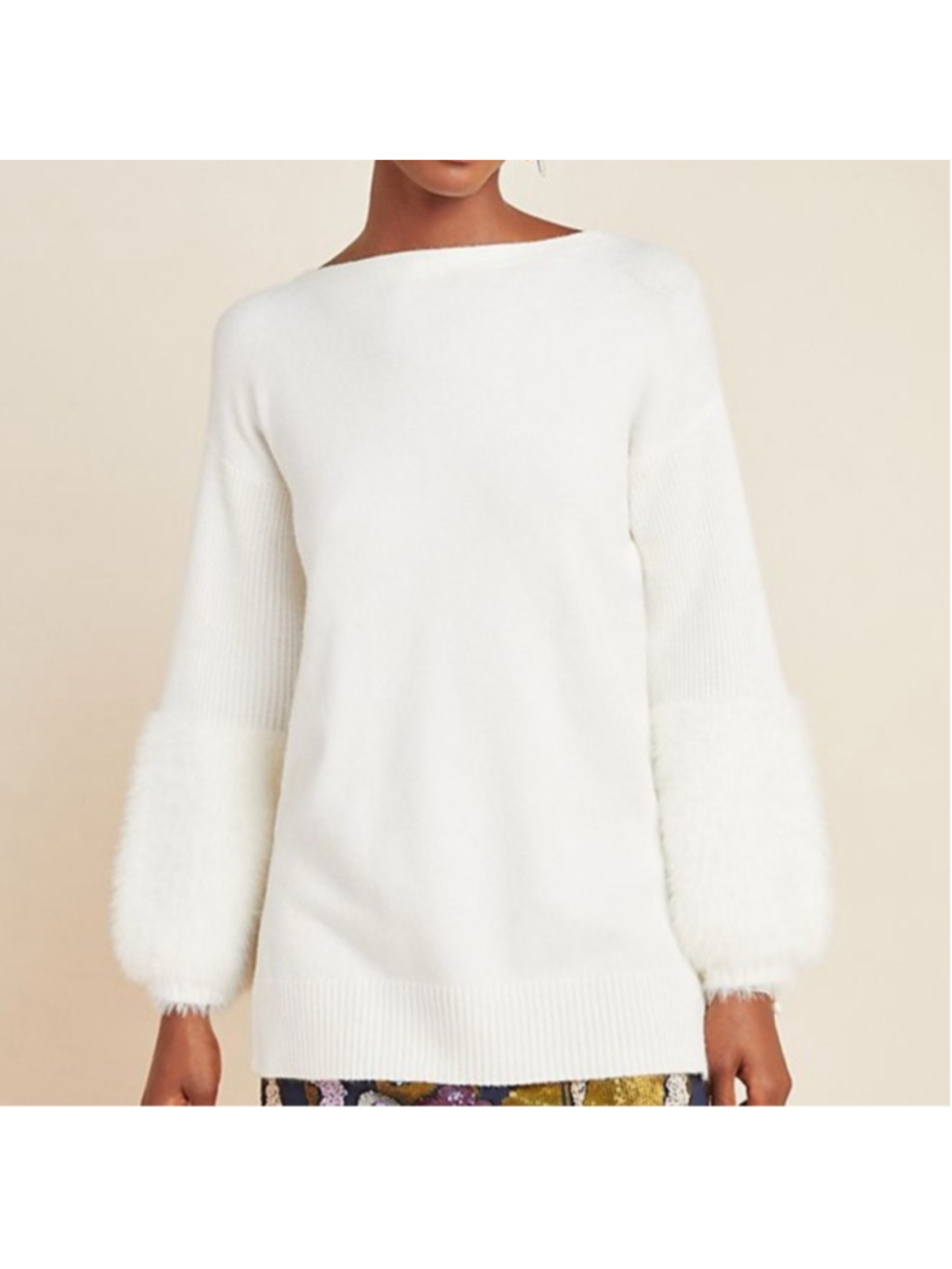 Anthropologie Colma Faux Fur Cuff Sweater Ivory Oversized XS Cozy Knit